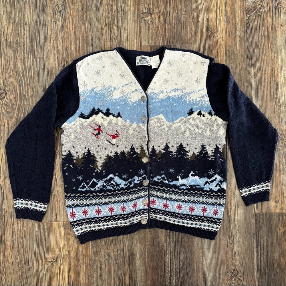 Vtg Northern Reflections Parkhurst Cardigan Sweater Lg Blue Skiing Winter Sport